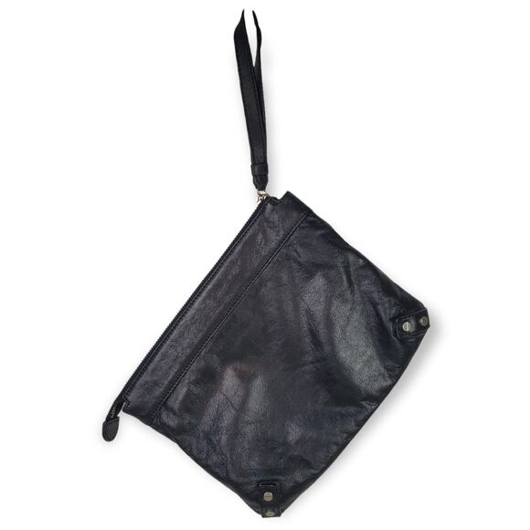 Club Monaco Black Buttery Soft Leather Clutch Purse With Wrist Handle 11" x 8.5" - Picture 4 of 10